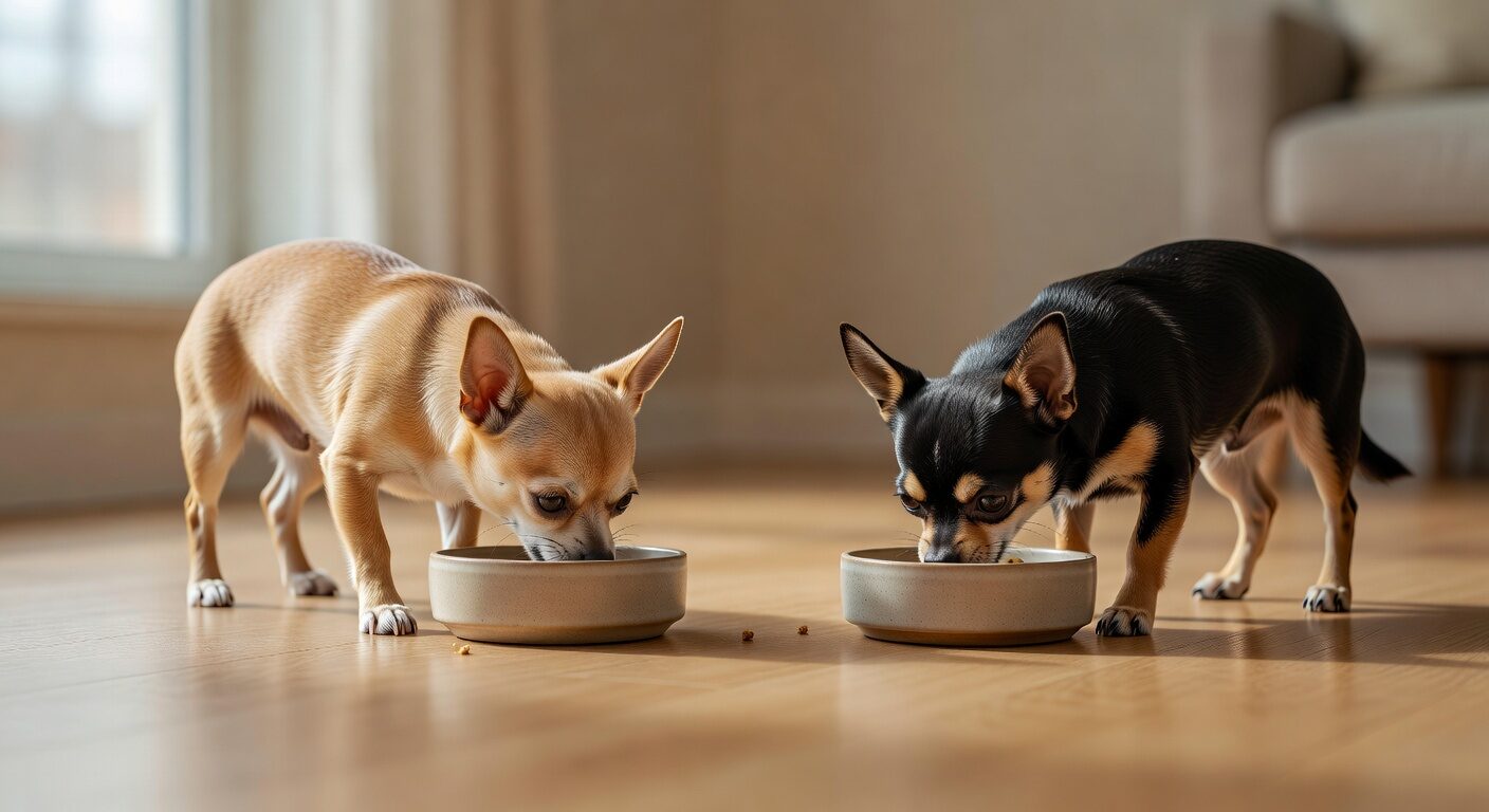 Two chihuahuas eating separately
