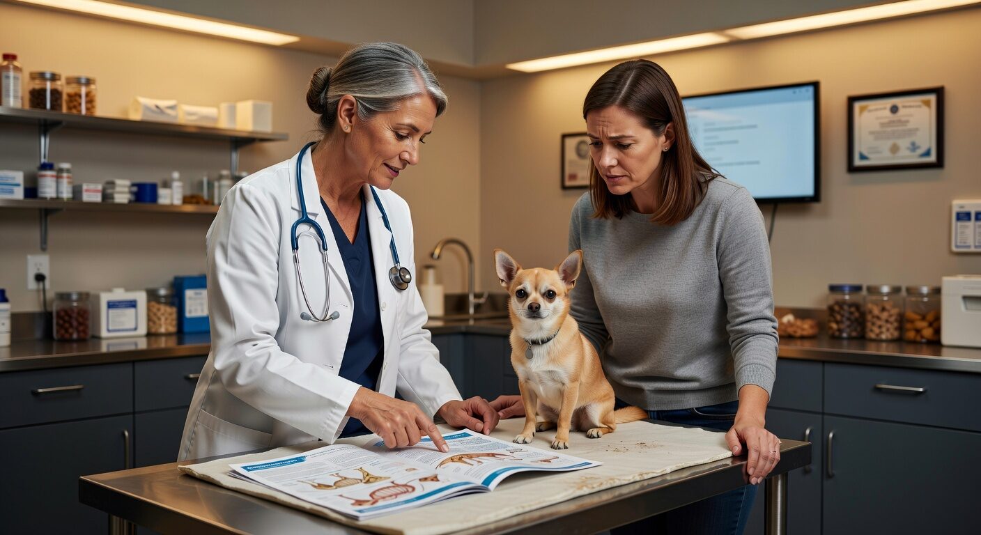 Vet discussing spay neuter options with chihuahua owner Vet discussing spay neuter options with chihuahua owner