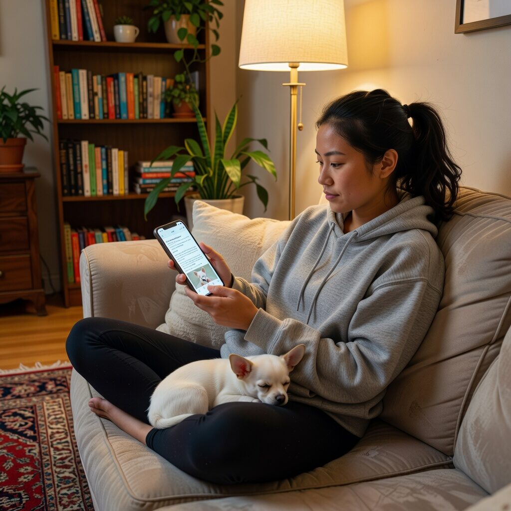 Woman browsing Craigslist on phone with tiny chihuahua puppy on her lap